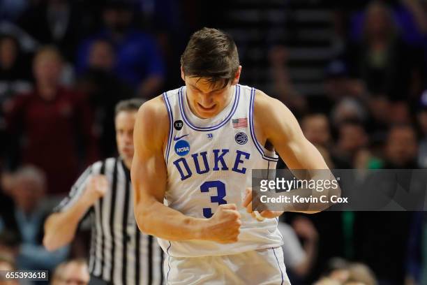 Grayson Allen of the Duke Blue Devils reacts in the second half against the South Carolina Gamecocks during the second round of the 2017 NCAA Men's...