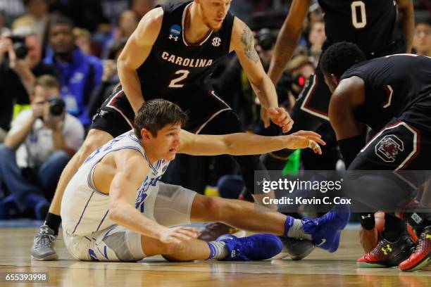 Grayson Allen of the Duke Blue Devils reacts as he loses the ball in the second half against the South Carolina Gamecocks during the second round of...