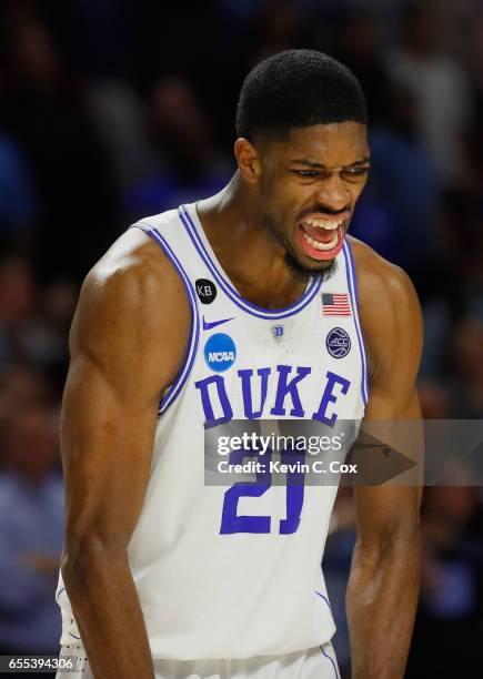 Amile Jefferson of the Duke Blue Devils reacts in the second half against the South Carolina Gamecocks during the second round of the 2017 NCAA Men's...