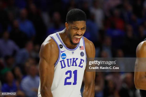 Amile Jefferson of the Duke Blue Devils reacts in the second half against the South Carolina Gamecocks during the second round of the 2017 NCAA Men's...