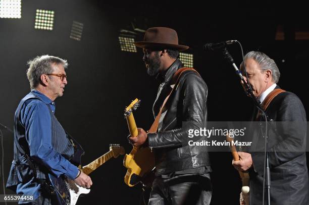 Jimmie Vaughan and Gary Clark Jr. Perform onstage with Eric Clapton & His Band at Madison Square Garden on March 19, 2017 in New York City.