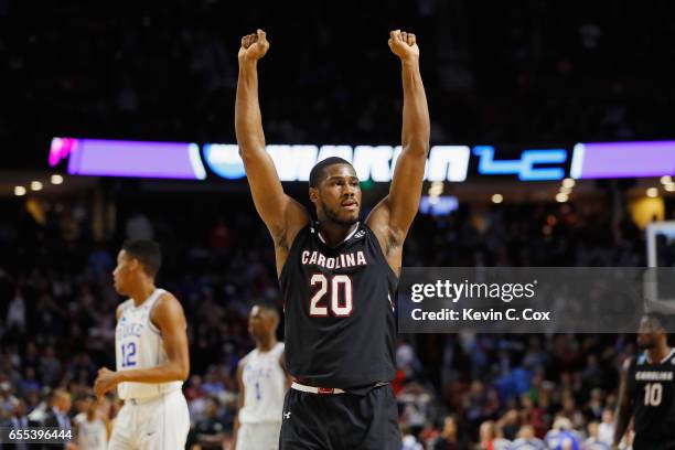 Justin McKie of the South Carolina Gamecocks reacts in the second half against the Duke Blue Devils during the second round of the 2017 NCAA Men's...