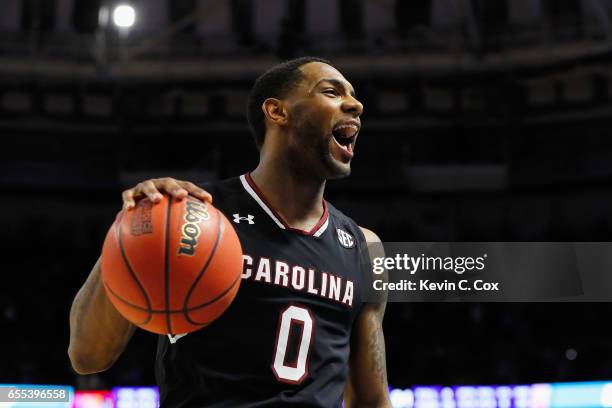 Sindarius Thornwell of the South Carolina Gamecocks reacts in the second half against the Duke Blue Devils during the second round of the 2017 NCAA...