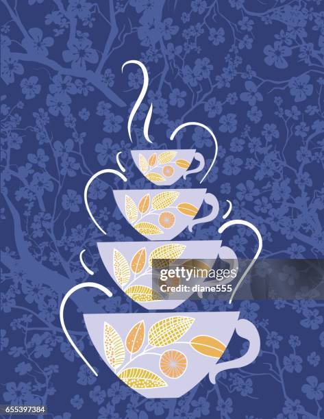 garden party or afternoon tea background template - stacked tea cups stock illustrations