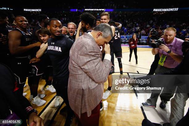 Head coach Frank Martin of the South Carolina Gamecocks reacts after defeating the Duke Blue Devils 88-81 in the second round of the 2017 NCAA Men's...