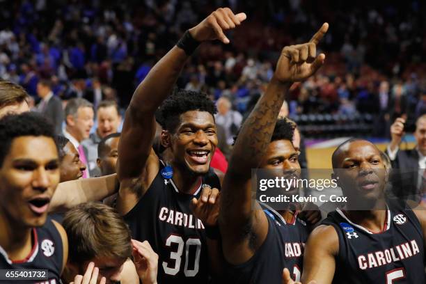 Chris Silva of the South Carolina Gamecocks celebrates defeating the Duke Blue Devils 88-81 in the second round of the 2017 NCAA Men's Basketball...