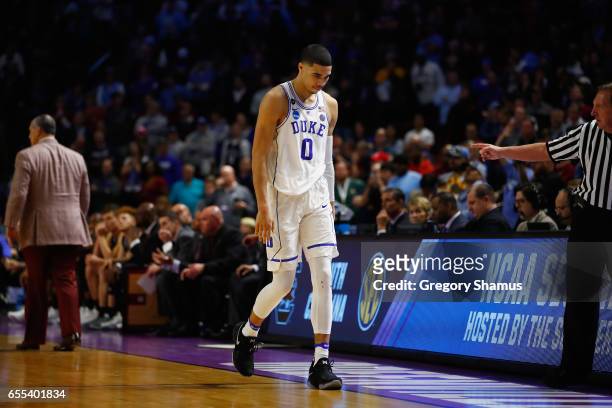Jayson Tatum of the Duke Blue Devils reacts after being defeated by the South Carolina Gamecocks 88-81 in the second round of the 2017 NCAA Men's...