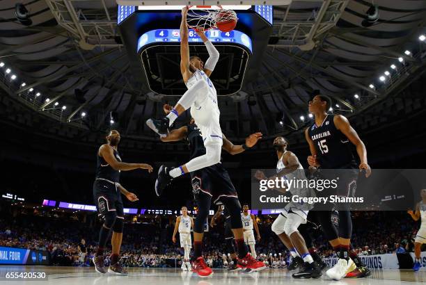 Jayson Tatum of the Duke Blue Devils dunks the ball in the first half against the South Carolina Gamecocks during the second round of the 2017 NCAA...