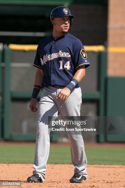 Milwaukee Brewers Second Baseman Hernan Perez looks on after doubling during a spring training game between the Milwaukee Brewers and the San...