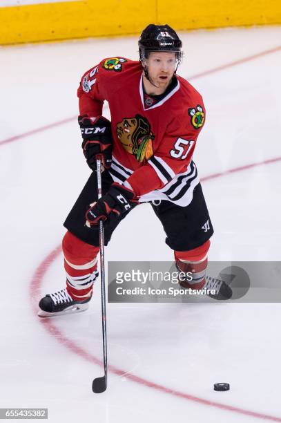 Chicago Blackhawks Defenceman Brian Campbell skates with the puck during the NHL regular season game between the Toronto Maple Leafs and the Chicago...