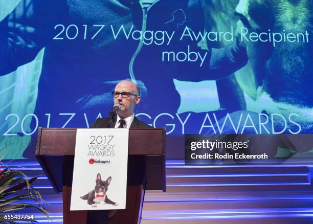 Musician and animal rights activist Moby speaks onstage at The Tailwaggers Foundation, 2017 Waggy Awards at Taglyan Cultural Complex on March 19,...