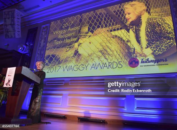 Animal rights activist and actress Tippi Hedren speaks onstage at The Tailwaggers Foundation, 2017 Waggy Awards at Taglyan Cultural Complex on March...