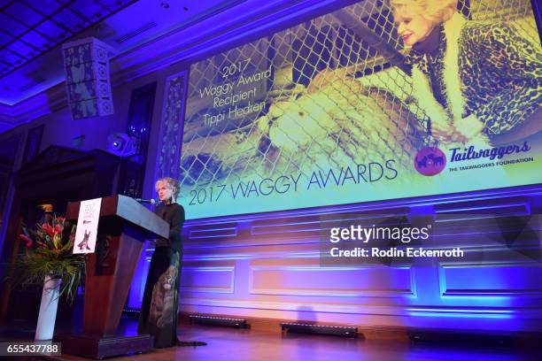 Animal rights activist and actress Tippi Hedren speaks onstage at The Tailwaggers Foundation, 2017 Waggy Awards at Taglyan Cultural Complex on March...