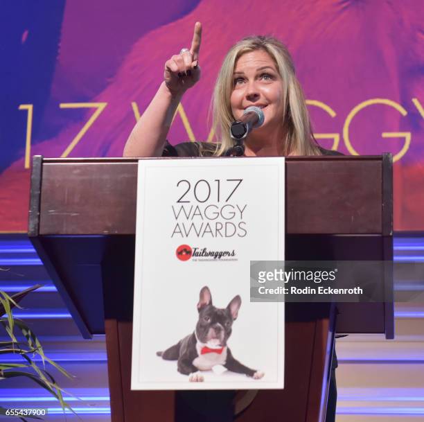 Gina M. Giambi Peters speaks onstage at The Tailwaggers Foundation, 2017 Waggy Awards at Taglyan Cultural Complex on March 19, 2017 in Hollywood,...