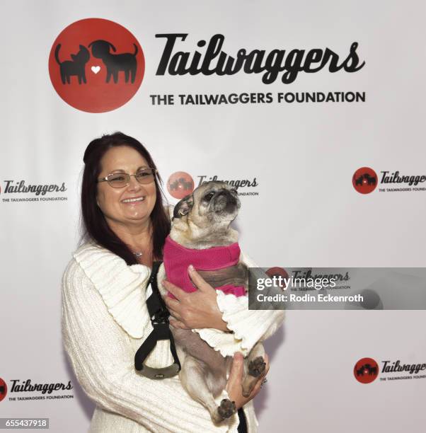 Pug Nation Rescue's Bella the Pug arrives at The Tailwaggers Foundation, 2017 Waggy Awards at Taglyan Cultural Complex on March 19, 2017 in...