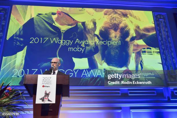 Musician and animal rights activist Moby speaks onstage at The Tailwaggers Foundation, 2017 Waggy Awards at Taglyan Cultural Complex on March 19,...