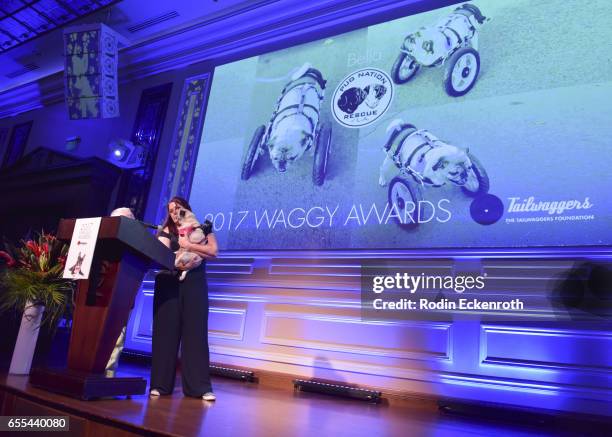 Pug Nation Rescue's Bella the Pug onstage at The Tailwaggers Foundation, 2017 Waggy Awards at Taglyan Cultural Complex on March 19, 2017 in...