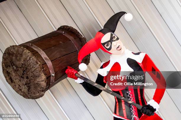 Cosplayer in character as Harley Quinn during the MCM Birmingham Comic Con at NEC Arena on March 19, 2017 in Birmingham, England.