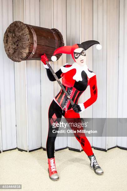 Cosplayer in character as Harley Quinn during the MCM Birmingham Comic Con at NEC Arena on March 19, 2017 in Birmingham, England.