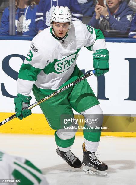 Alexey Marchenko of the Toronto Maple Leafs warms up prior to playing against the Chicago Blackhawks in an NHL game at the Air Canada Centre on March...