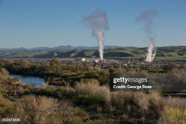 The Salinas River flows through the middle of one of California's largest steam injection oil fields, Chevron's San Ardo Oil Field, as viewed on...