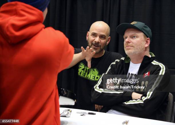 Actors Pat Mastroianni and Stefan Brogren of the television series 'Degrassi Junior High' attend Toronto ComiCon 2017 at Metro Toronto Convention...