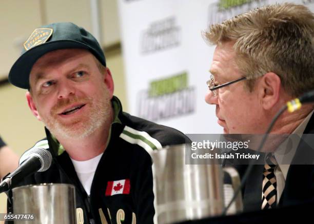 Actors Stefan Brogren and Dan Woods of the television series 'Degrassi Junior High' attend Toronto ComiCon 2017 at Metro Toronto Convention Centre on...