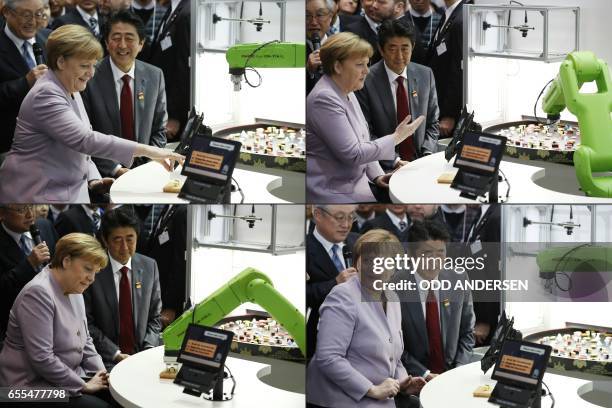 This combination of pictures created on March 20, 2017 shows German Chancellor Angala Merkel and Japanese Prime Minister Shinzo Abe visiting a booth...