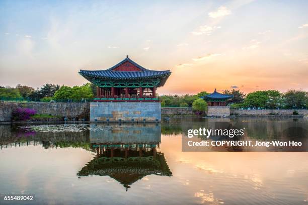 ancient palace gyeongju donggung and wolji (imhaejeonji, anapji) - gyeongju stock pictures, royalty-free photos & images