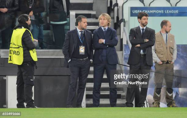 Fabio Paratici, Pavel Nedved and Andrea Agnelli of Juventus leaders during the Uefa Champions League 2016-2017 match between FC Juventus and FC Porto...