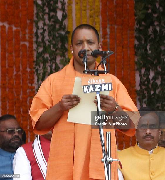 Yogi adityanath in saffron robe, takes oath for Chief Minister of Uttar Pradesh , in Lucknow on March 19,2017.Adityanath was sworn in as Uttar...