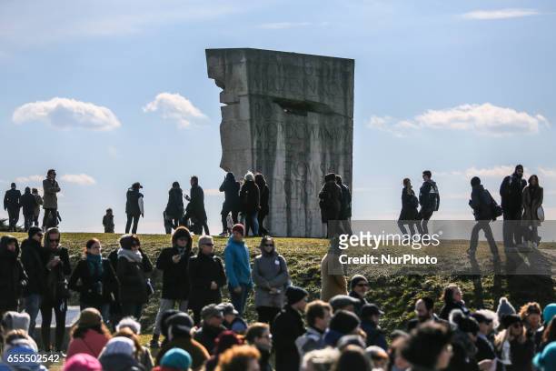 Memorial to the victims of Plaszow former Nazi Concentration Camp photographed during the March of Remembrance commemorating 74. Anniversary of...