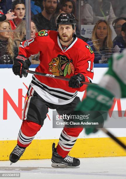 Andrew Desjardins of the Chicago Blackhawks skates against the Toronto Maple Leafs during an NHL game at the Air Canada Centre on March 18, 2017 in...