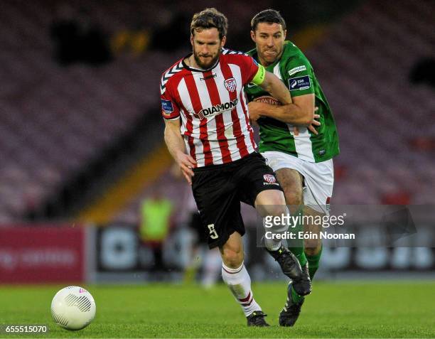 Cork , Ireland - 2 May 2016; Ryan McBride of Derry City, in action against Mark O'Sullivan of Cork City during the EA Sports Cup, Quarter-Final,...