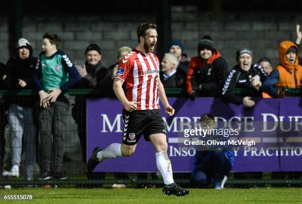 Donegal , Ireland - 13 March 2017; Ryan McBride of Derry City celebrates after scoring his side's third goal during the SSE Airtricity League Premier...