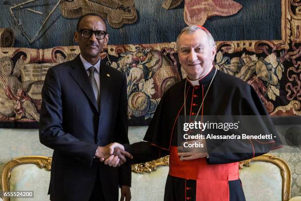 Vatican State Secretary Pietro Parolin meets with President of Rwanda Paul Kagame at The Vatican on March 20, 2017 in Rome, Italy.