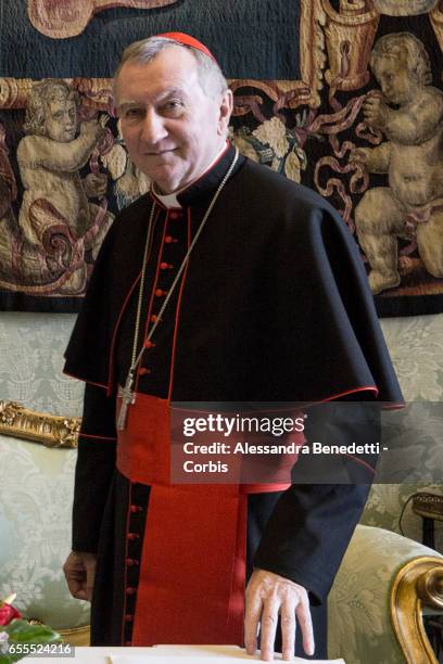 Vatican State Secretary Pietro Parolin is portrayed during a meeting with President of Rwanda Paul Kagame at The Vatican on March 20, 2017 in Rome,...