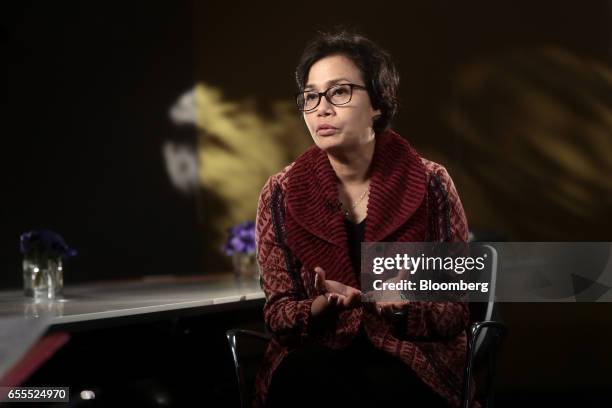 Sri Mulyani Indrawati, Indonesia's finance minister, gestures as she speaks during a Bloomberg Television interview in London, U.K., on Monday, March...