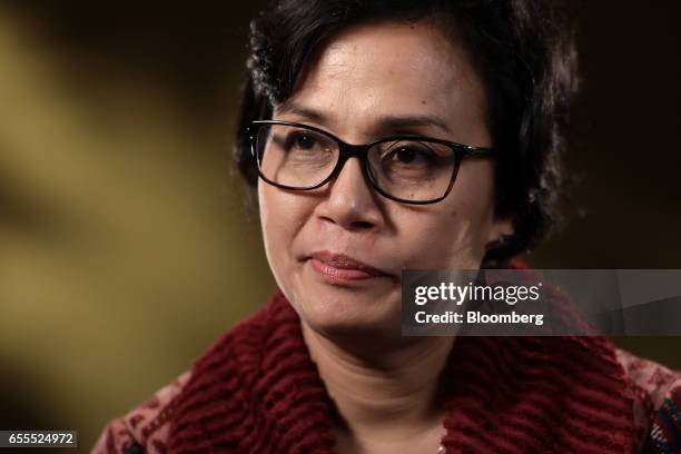 Sri Mulyani Indrawati, Indonesia's finance minister, pauses during a Bloomberg Television interview in London, U.K., on Monday, March 20, 2017....