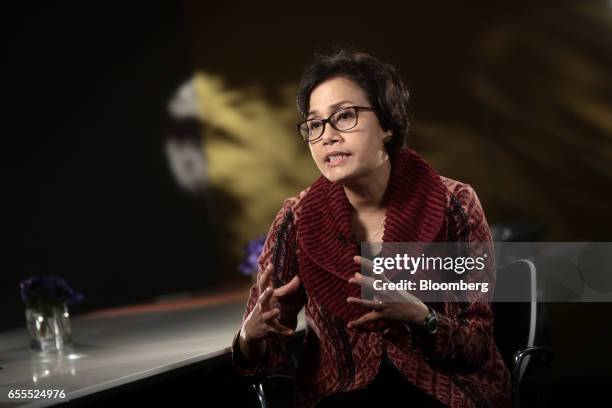 Sri Mulyani Indrawati, Indonesia's finance minister, gestures as she speaks during a Bloomberg Television interview in London, U.K., on Monday, March...