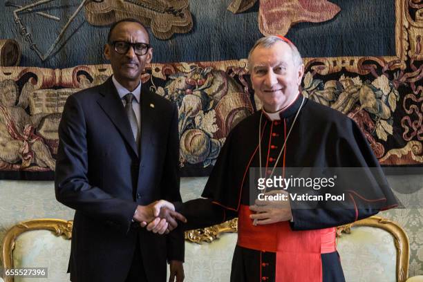 Vatican Secretary of State cardinal Pietro Parolin meets President of Ruanda Paul Kagame during an audience at the Apostrolic Palace on March 20,...