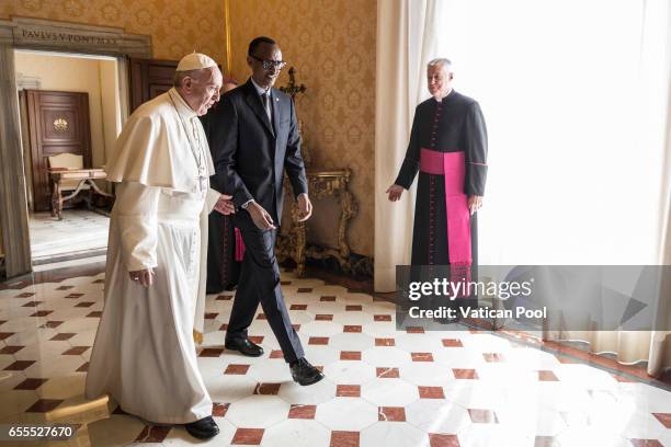 Pope Francis meets President of Ruanda Paul Kagame during an audience at the Apostrolic Palace on March 20, 2017 in Vatican City, Vatican. A...