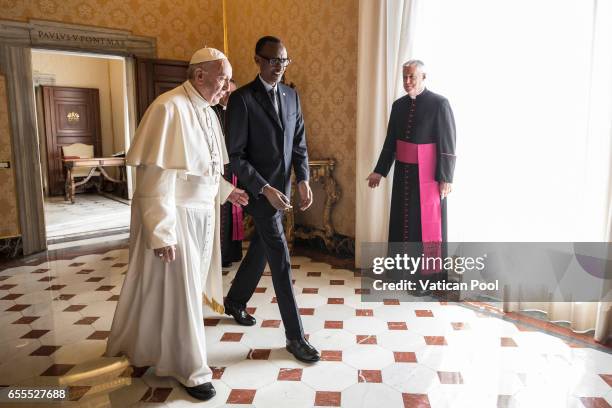 Pope Francis meets President of Ruanda Paul Kagame during an audience at the Apostrolic Palace on March 20, 2017 in Vatican City, Vatican. A...