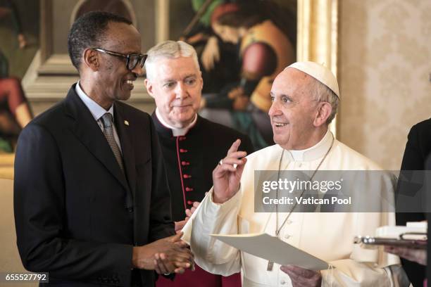 Pope Francis meets President of Ruanda Paul Kagame during an audience at the Apostrolic Palace on March 20, 2017 in Vatican City, Vatican. A...