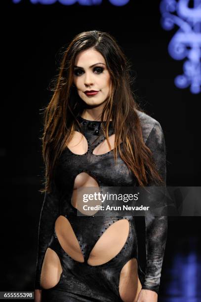 Model walks the runway wearing Adolfo Sanchez at the Art Hearts Fashion LAFW Fall/Winter 2017-Day 4 at The Beverly Hilton Hotel on March 17, 2017 in...