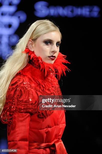 Model walks the runway wearing Adolfo Sanchez at the Art Hearts Fashion LAFW Fall/Winter 2017-Day 4 at The Beverly Hilton Hotel on March 17, 2017 in...