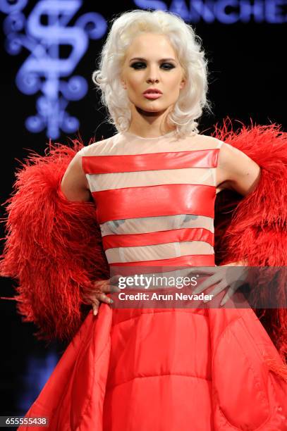 Model walks the runway wearing Adolfo Sanchez at the Art Hearts Fashion LAFW Fall/Winter 2017-Day 4 at The Beverly Hilton Hotel on March 17, 2017 in...