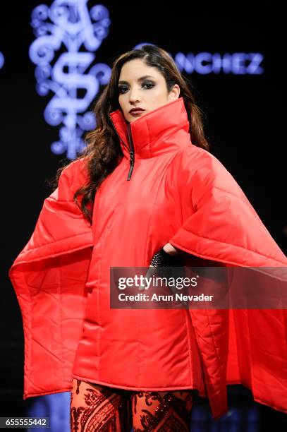 Model walks the runway wearing Adolfo Sanchez at the Art Hearts Fashion LAFW Fall/Winter 2017-Day 4 at The Beverly Hilton Hotel on March 17, 2017 in...