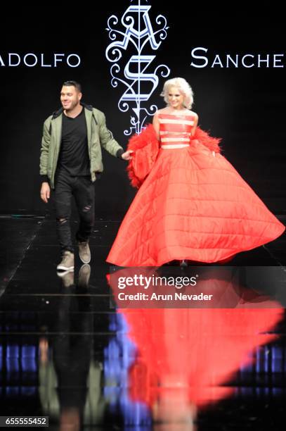 Model walks the runway wearing Adolfo Sanchez at the Art Hearts Fashion LAFW Fall/Winter 2017-Day 4 at The Beverly Hilton Hotel on March 17, 2017 in...