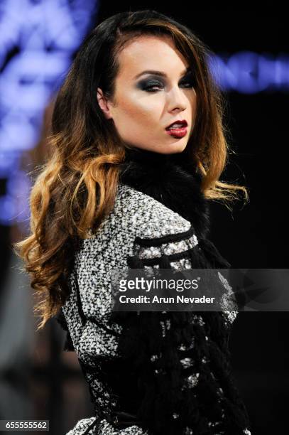Model walks the runway wearing Adolfo Sanchez at the Art Hearts Fashion LAFW Fall/Winter 2017-Day 4 at The Beverly Hilton Hotel on March 17, 2017 in...